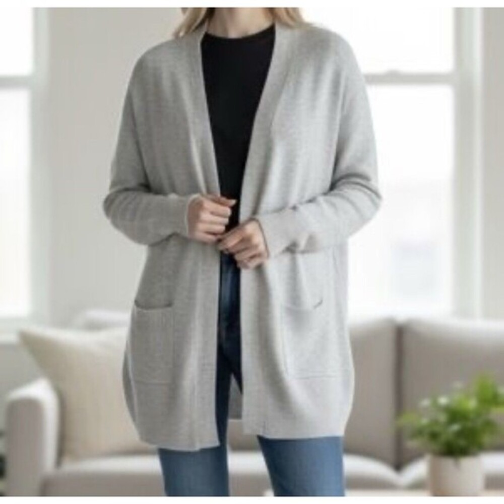 Fortune Ivy Womens Open Cardigan Light Sweater Pockets Gray Knit sz M NEW